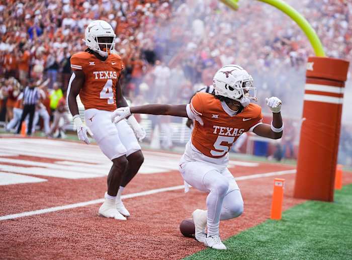 Texas Longhorns wide receiver Adonai Mitchell (5) celebrates a touchdown in the first quarter of an NCAA college football game, Saturday, November. 4, 2023, in Austin, Texas